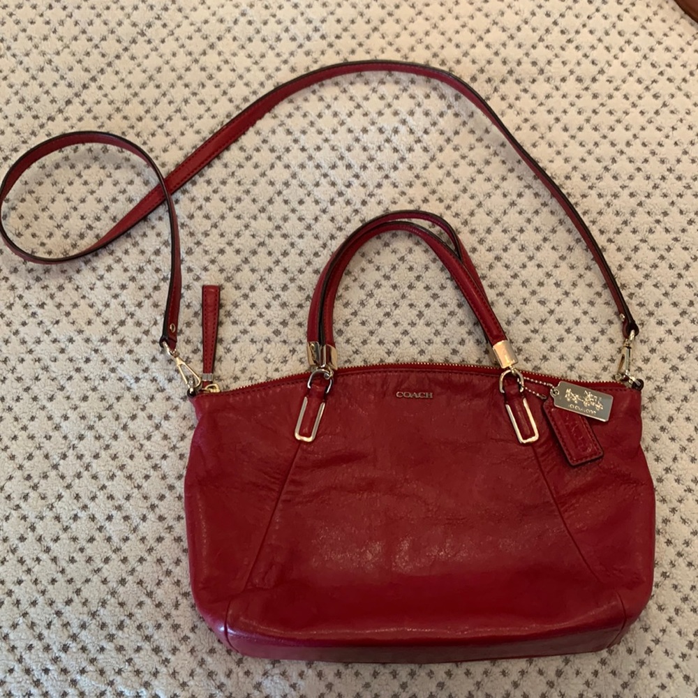 COACH Satchel with Crossbody Strap. Cherry Red/ Gold Hardware. Genuine Leather
